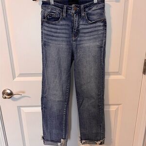 Buckle Distressed Blue Cropped Jeans